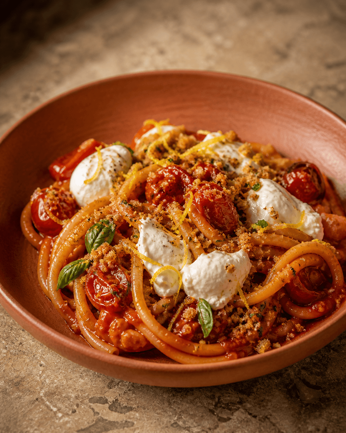 Bucatini med bagte cherrytomater, revet burrata, basilikum-mandelpangrattato og citron