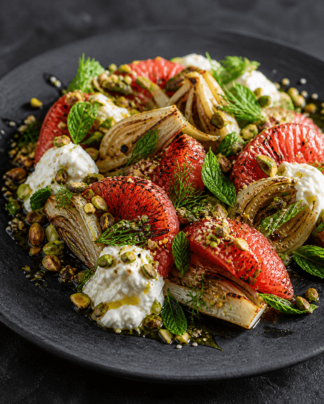 Grillet grapefrugt og fennikel med stracciatella, dild, mynte og pistaciedukkah