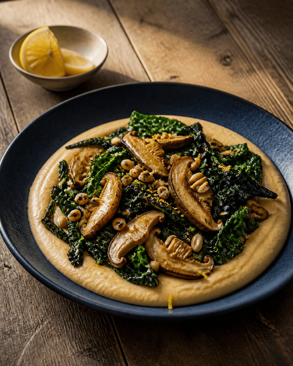 Silkeblød butternut-knoldselleripuré med shiitake, palmekål og miso-pinjekerner