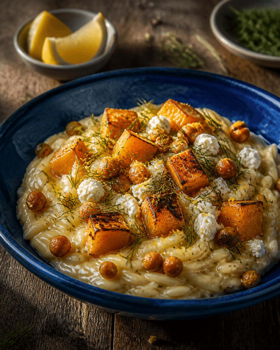 Cremet risformet orzotto med hokkaido, feta, dild, citron og sprøde kikærter