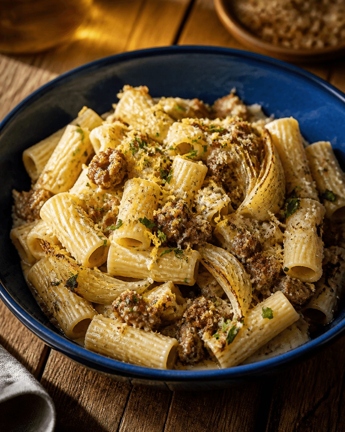 Rigatoni med groft brunet salsiccia, karamelliseret fennikel, citron-ricotta og sprød krumme
