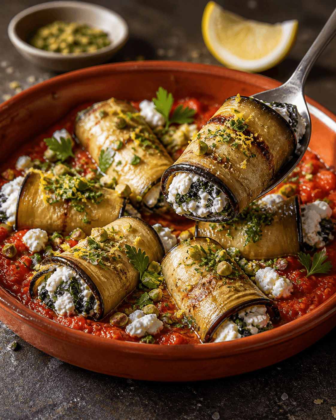 Aubergineinvoltini med spinat-ricotta i ristet peberfrugtsauce og pistacie-citrongremolata