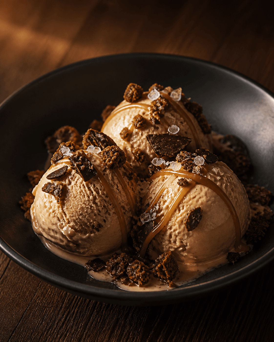 Brunet smør-kaffe-gelato med kakaorugknas, mørke chokoladeskår, kaffekaramel og havsalt