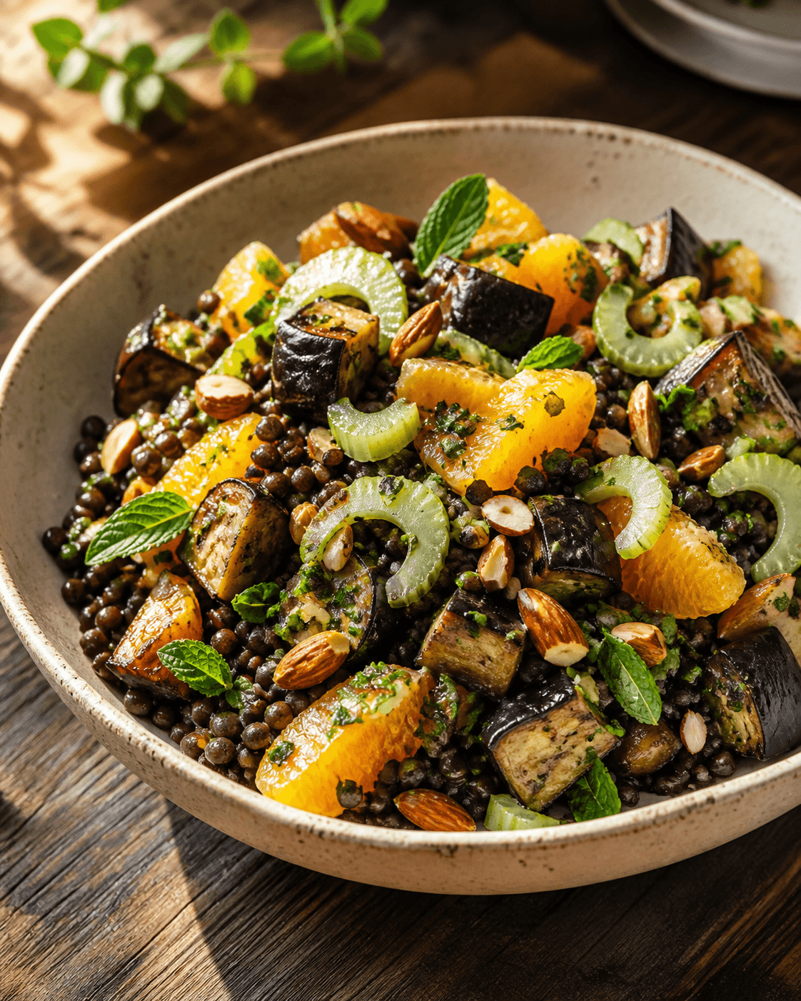 Lun belugalinsesalat med ristet aubergine, appelsin, selleri, mynte og mandelgremolata