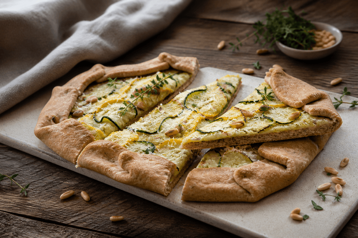 Squashgalette med rug, parmesan og pinjekerner anrettet i Madblikkets lyse nordiske billedstil med rettens vigtigste råvarer tydeligt synlige