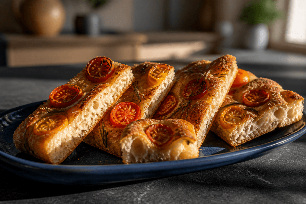 Focaccia med tomater, rosmarin og semolina anrettet i Madblikkets lyse nordiske billedstil med rettens vigtigste råvarer tydeligt synlige