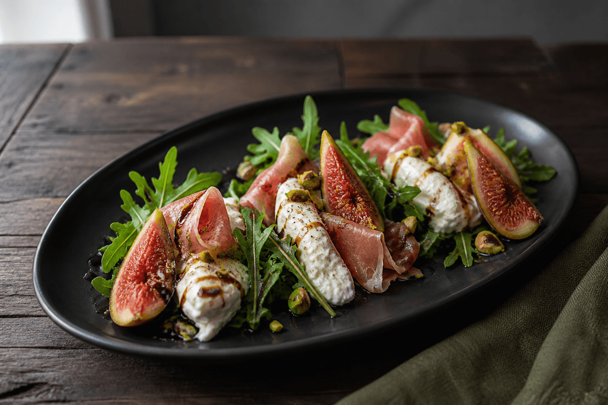 Figensalat med burrata, parmaskinke og pistacie anrettet i Madblikkets lyse nordiske billedstil med rettens vigtigste råvarer tydeligt synlige