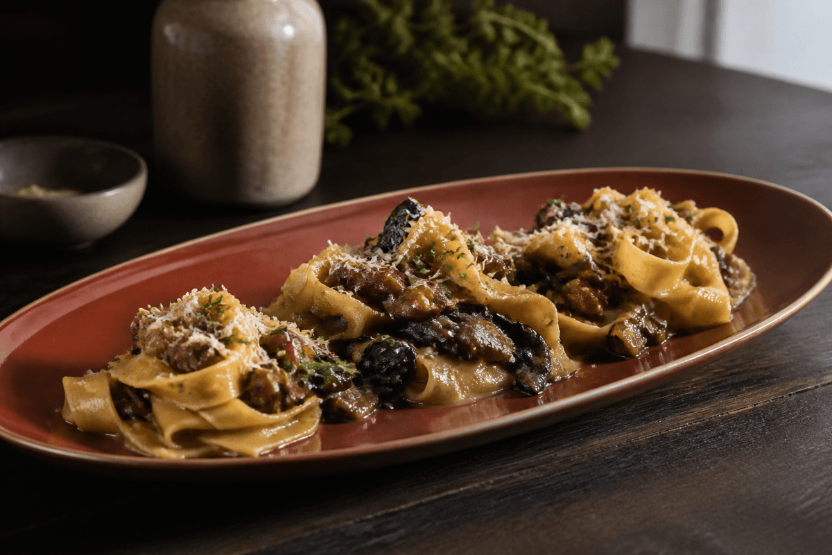 Pappardelle med svamperagout, selleri og timian anrettet i Madblikkets lyse nordiske billedstil med rettens vigtigste råvarer tydeligt synlige
