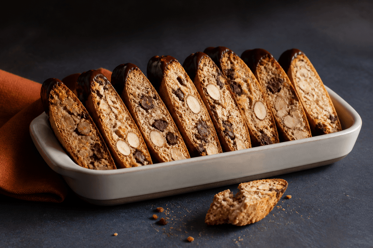 Biscotti med mandel, chokolade og appelsinfennikel anrettet i Madblikkets lyse nordiske billedstil med rettens vigtigste råvarer tydeligt synlige