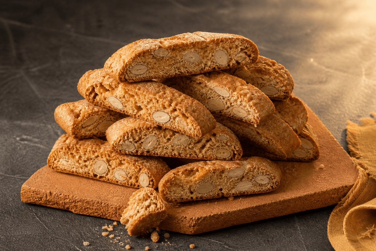 Cantuccini med mandel, honning og citron anrettet i Madblikkets lyse nordiske billedstil med rettens vigtigste råvarer tydeligt synlige
