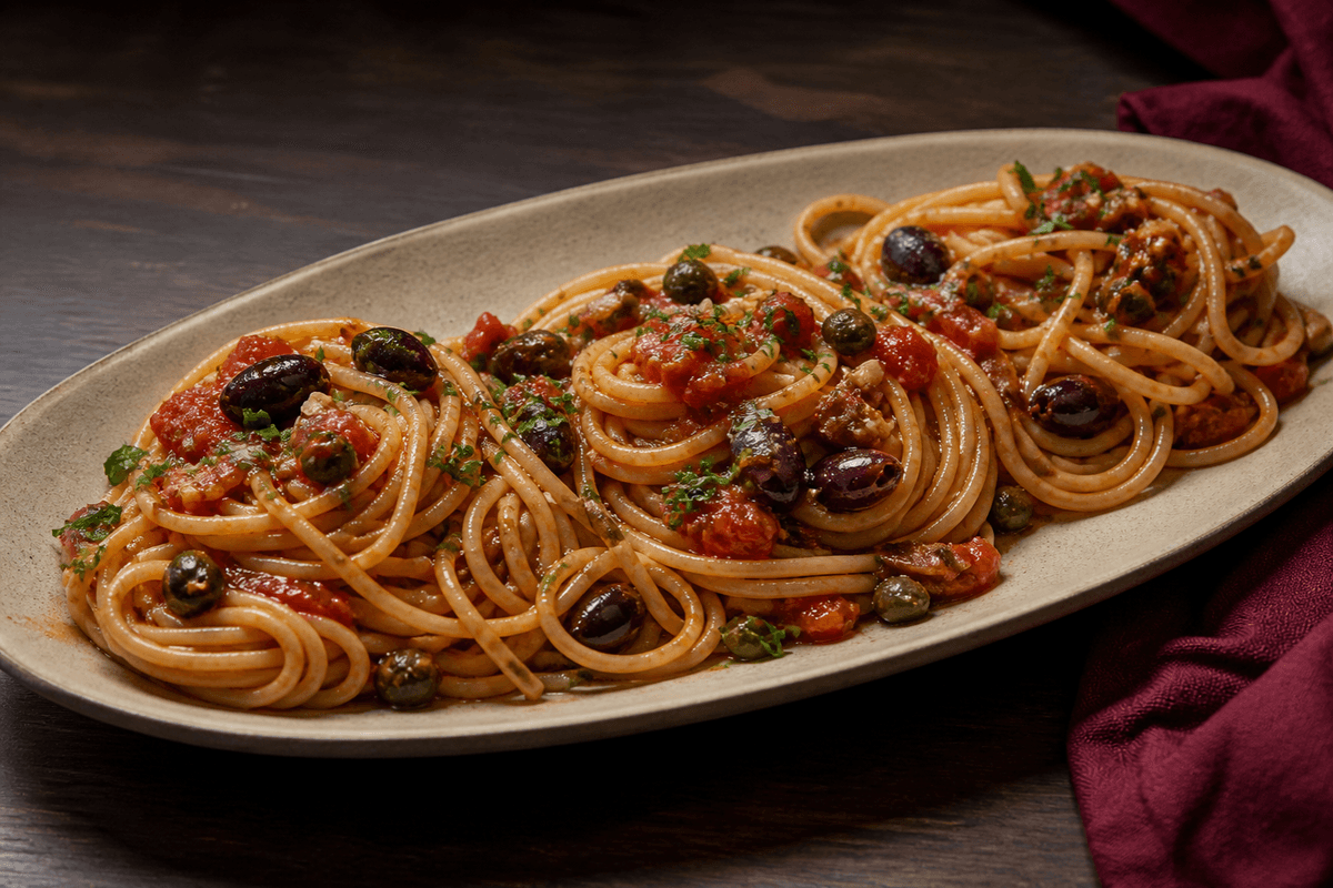 Spaghetti puttanesca med ovntomat og sprøde kapers anrettet i Madblikkets lyse nordiske billedstil med rettens vigtigste råvarer tydeligt synlige