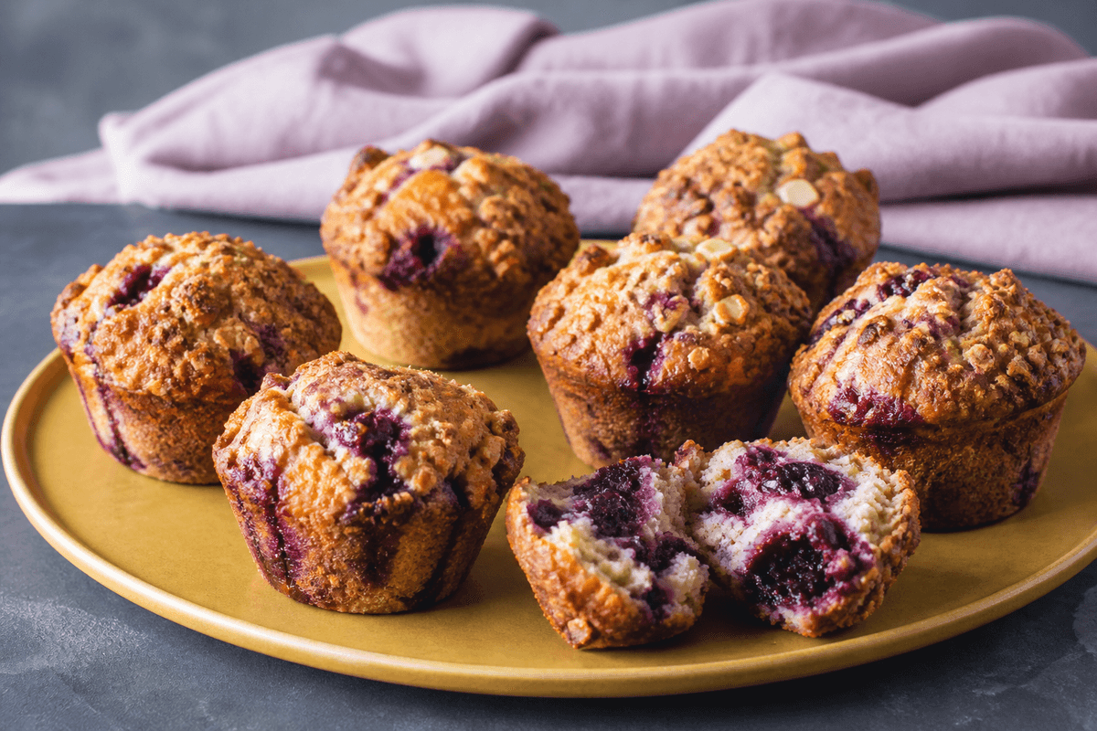 Brombærmuffins med citron, hvid chokolade og crumble anrettet i Madblikkets lyse nordiske billedstil med rettens vigtigste råvarer tydeligt synlige
