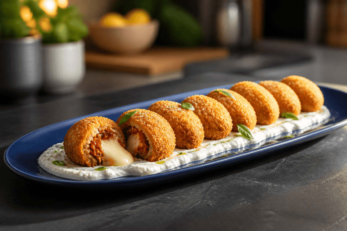 Arancini med tomat, mozzarella og ricottacreme anrettet i Madblikkets lyse nordiske billedstil med rettens vigtigste råvarer tydeligt synlige