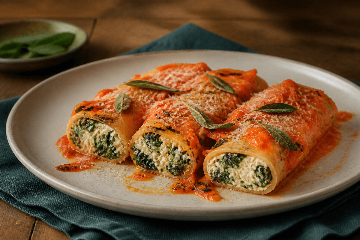 Cannelloni med spinat, ricotta og ristet peberfrugtsauce anrettet i Madblikkets lyse nordiske billedstil med rettens vigtigste råvarer tydeligt synlige