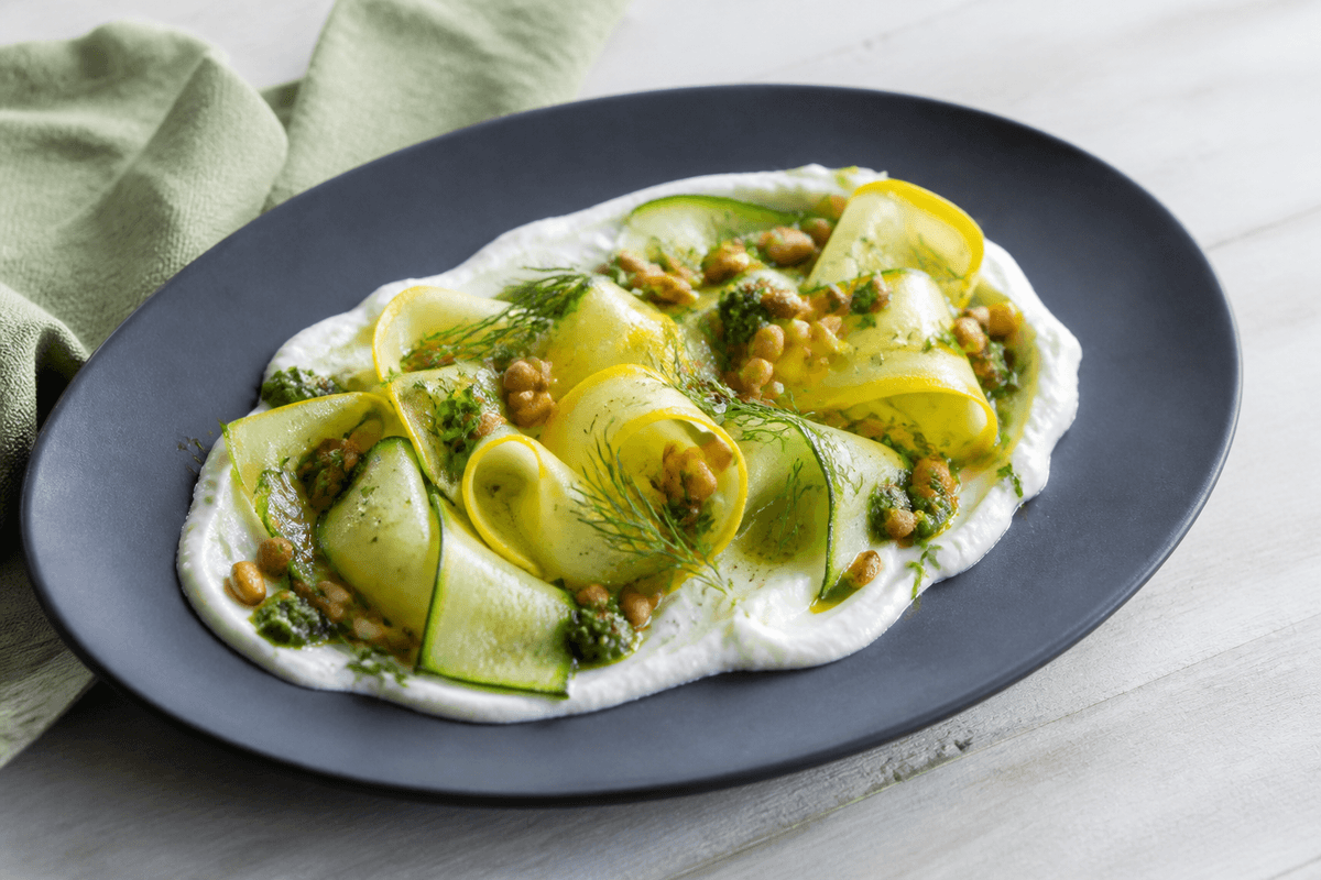 Squashsalat med urtepesto, ricotta og pinjekerner anrettet i Madblikkets lyse nordiske billedstil med rettens vigtigste råvarer tydeligt synlige