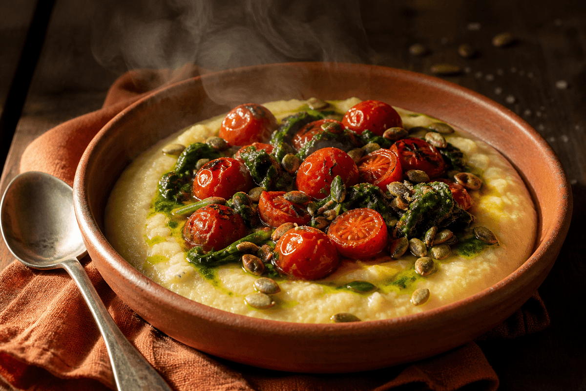 Cremet polenta med bagte tomater og spinat anrettet i Madblikkets lyse nordiske billedstil med rettens vigtigste råvarer tydeligt synlige