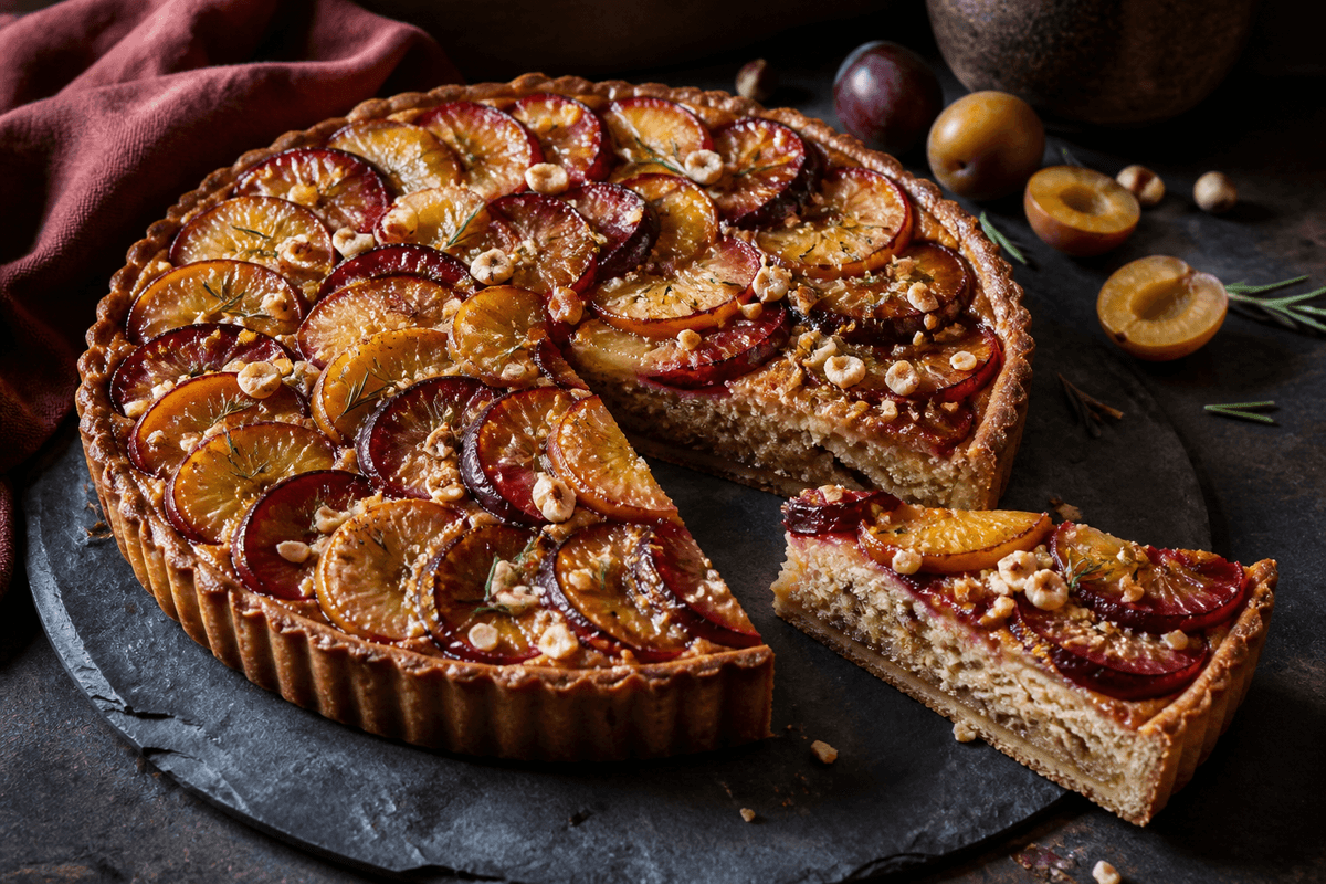 Blommetærte med hasselnøddefrangipane og rosmarin anrettet i Madblikkets lyse nordiske billedstil med rettens vigtigste råvarer tydeligt synlige