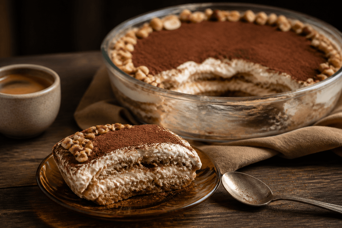 Tiramisu med hasselnød, kaffe og marsala anrettet i Madblikkets lyse nordiske billedstil med rettens vigtigste råvarer tydeligt synlige