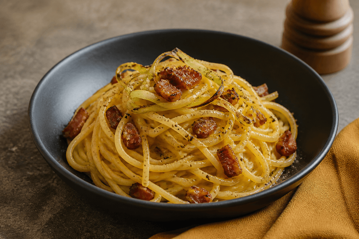 Spaghetti carbonara med porre og sprød guanciale anrettet i Madblikkets lyse nordiske billedstil med rettens vigtigste råvarer tydeligt synlige