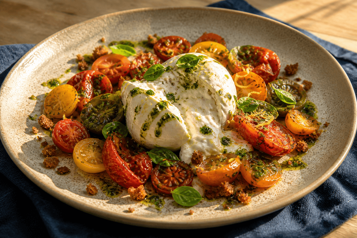 Burrata med tomater, urteolie og sprødt rugbrød anrettet i Madblikkets lyse nordiske billedstil med rettens vigtigste råvarer tydeligt synlige
