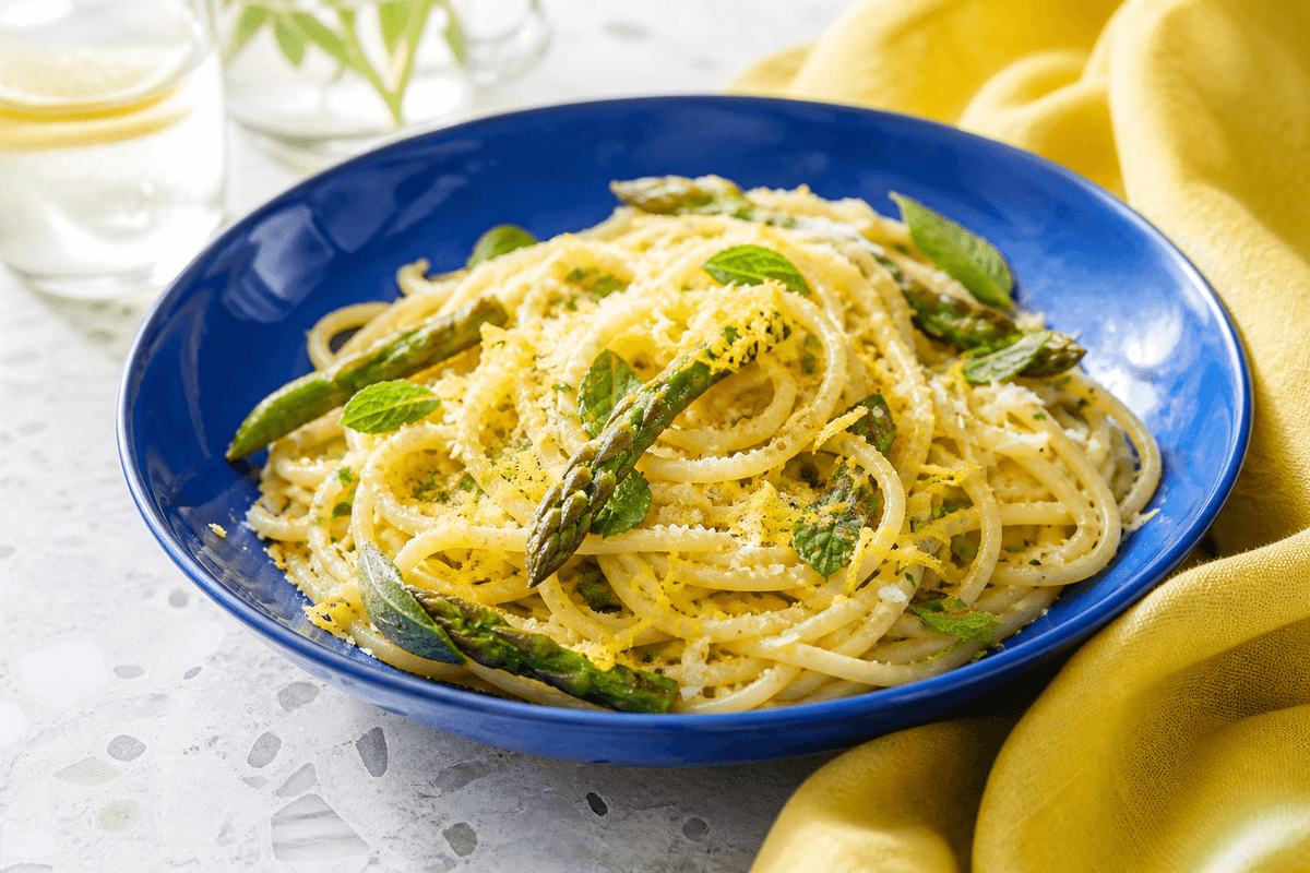 Citronpasta med asparges, mynte og pecorino anrettet i Madblikkets lyse nordiske billedstil med rettens vigtigste råvarer tydeligt synlige