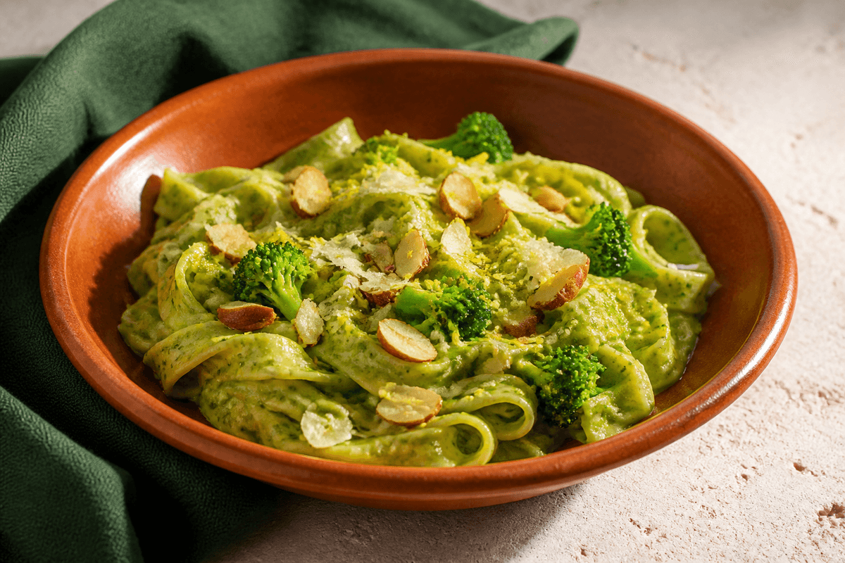Pasta pesto med broccoli, mandel og citron anrettet i Madblikkets lyse nordiske billedstil med rettens vigtigste råvarer tydeligt synlige