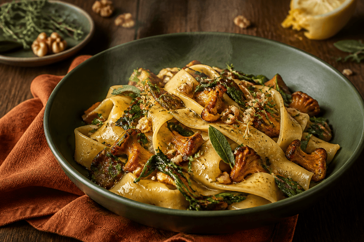 Pasta med kantareller, rucola og brunet smør anrettet i Madblikkets lyse nordiske billedstil med rettens vigtigste råvarer tydeligt synlige