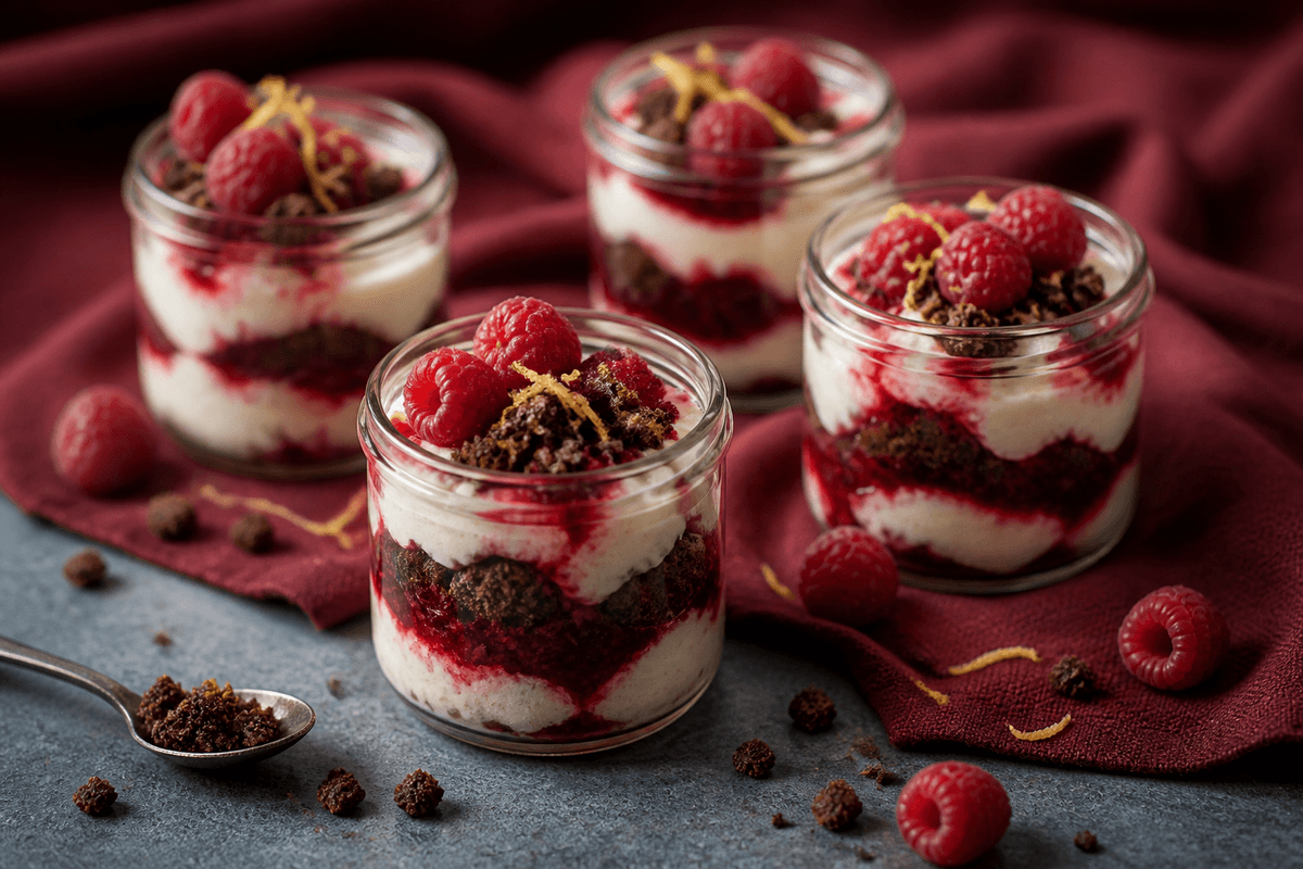 Hindbærtrifli med rugbrødsknas og citronmascarpone anrettet i Madblikkets lyse nordiske billedstil med rettens vigtigste råvarer tydeligt synlige
