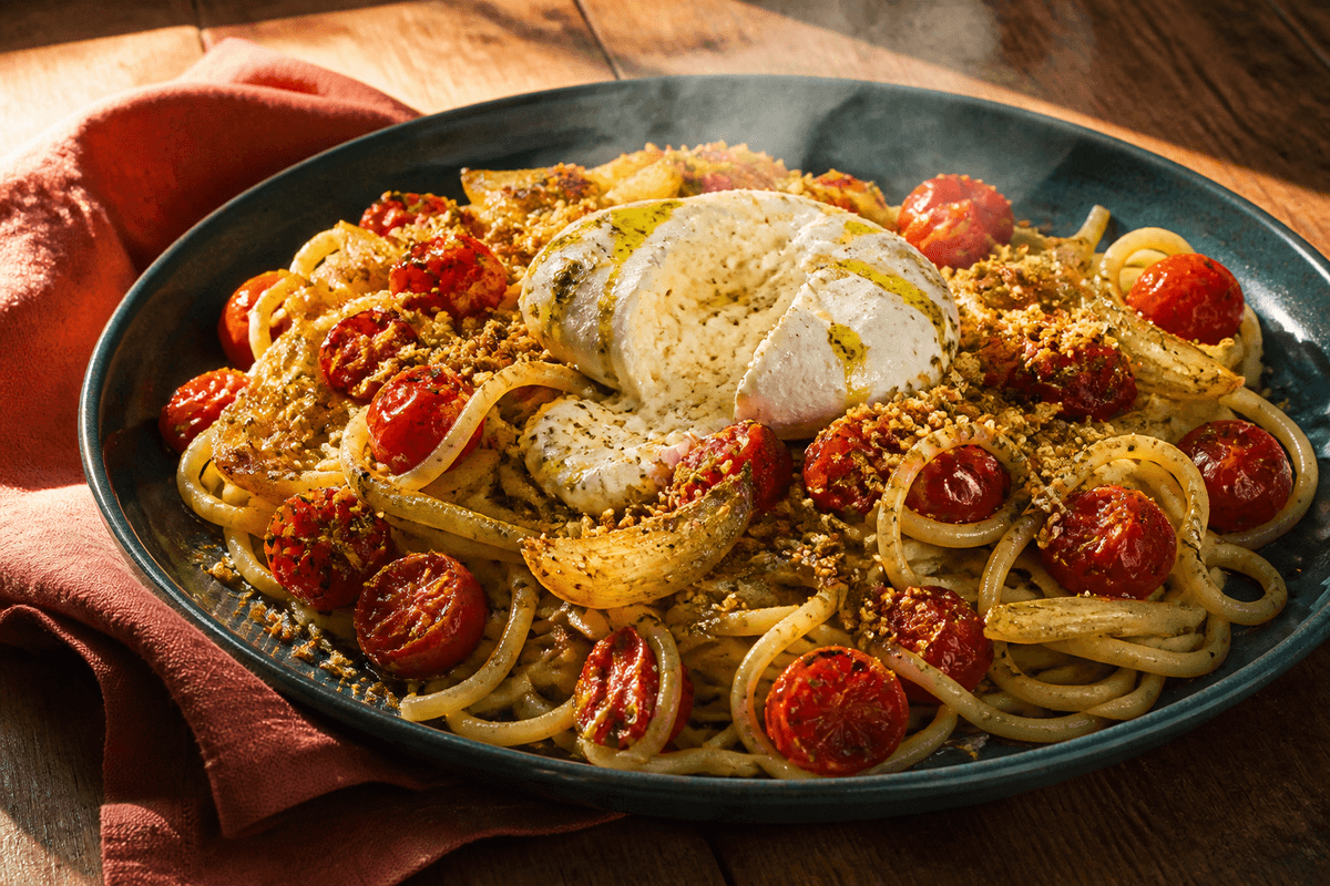 Pasta med bagte tomater, burrata og fennikel anrettet i Madblikkets lyse nordiske billedstil med rettens vigtigste råvarer tydeligt synlige