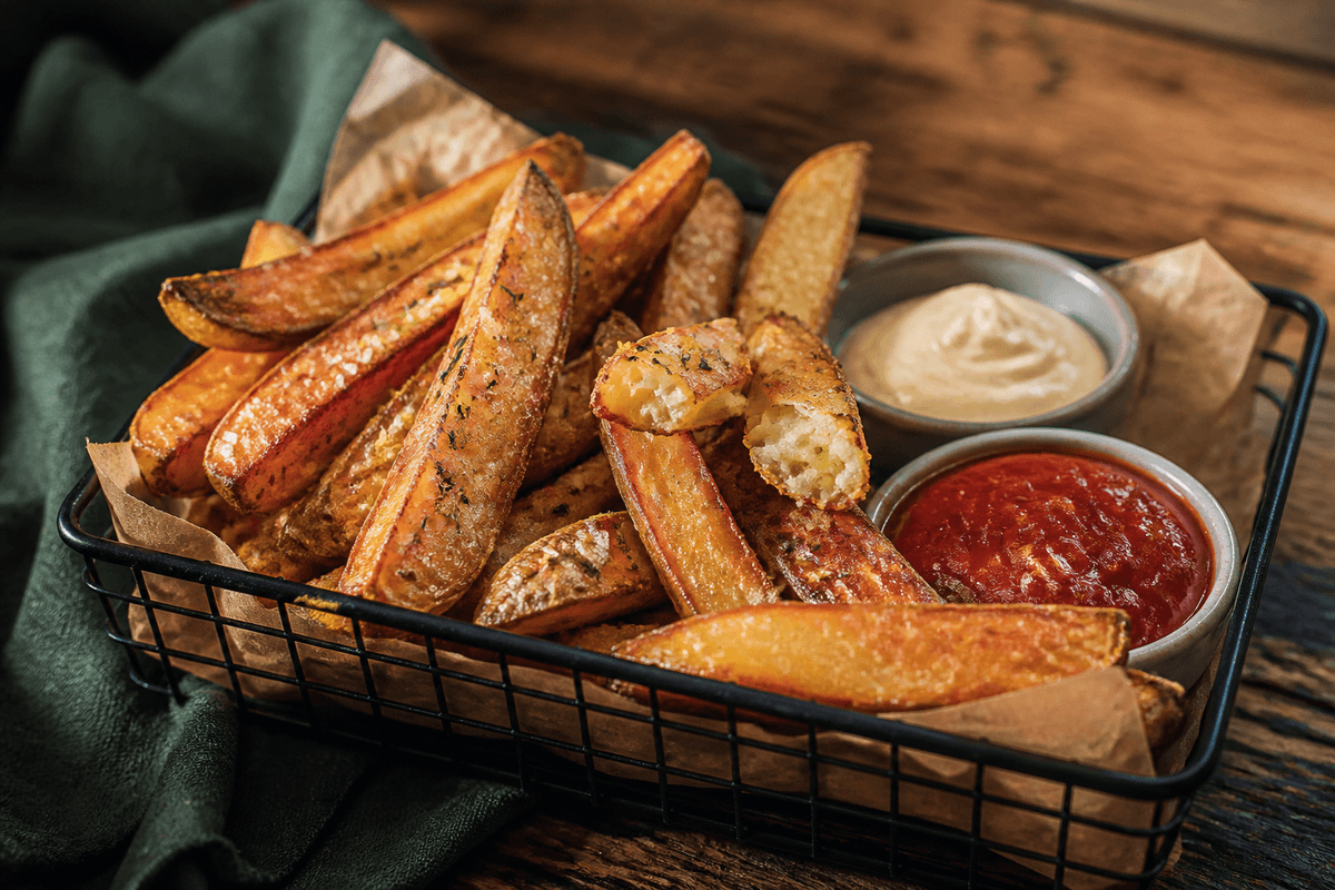 Grove pommes frites med rosmarin og citronaioli anrettet i Madblikkets lyse nordiske billedstil med rettens vigtigste råvarer tydeligt synlige
