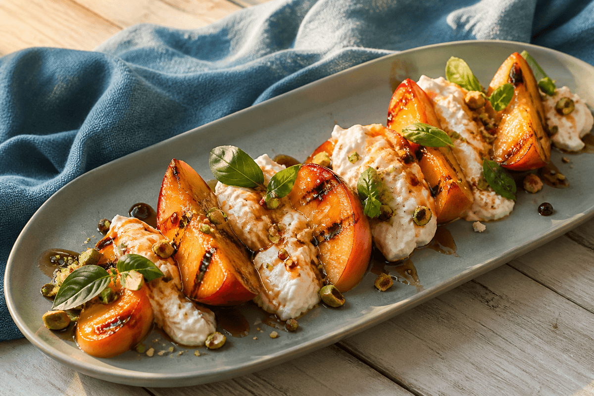 Ferskencaprese med burrata, basilikum og pistacie anrettet i Madblikkets lyse nordiske billedstil med rettens vigtigste råvarer tydeligt synlige