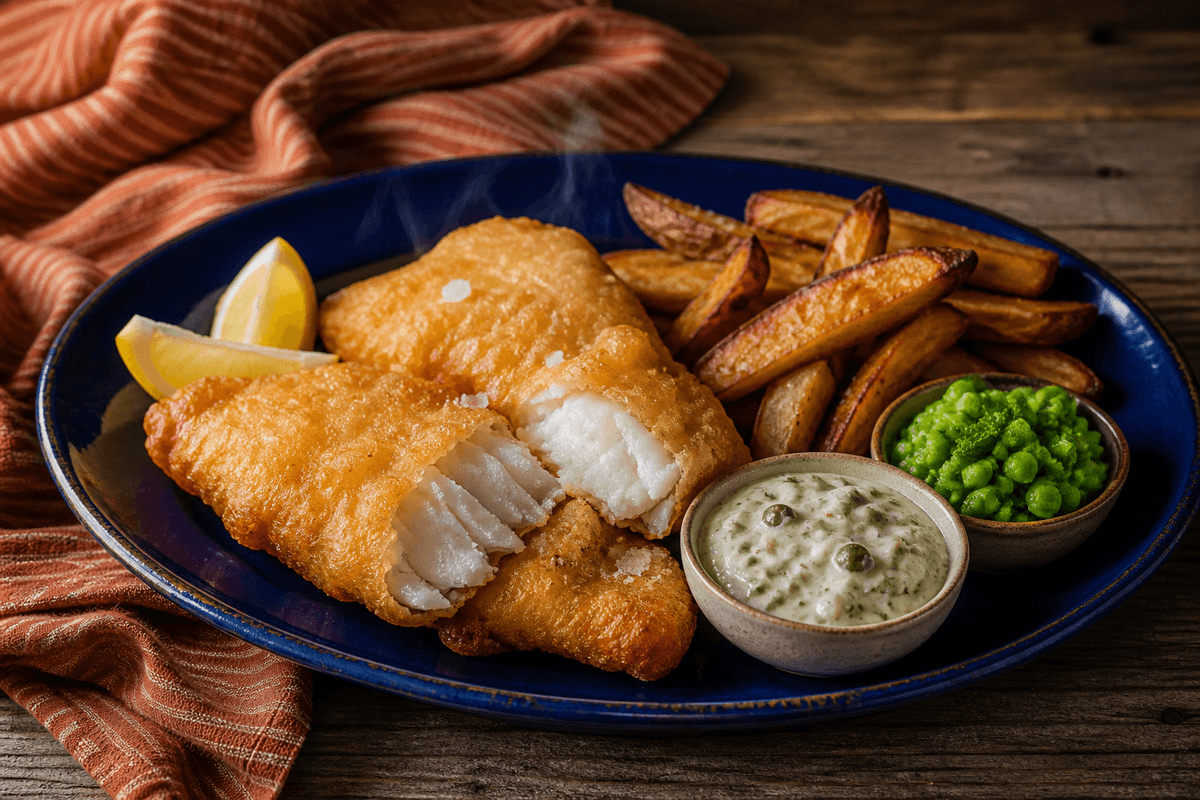 Fish and chips med rugpanering og ærte-tatare anrettet i Madblikkets lyse nordiske billedstil med rettens vigtigste råvarer tydeligt synlige