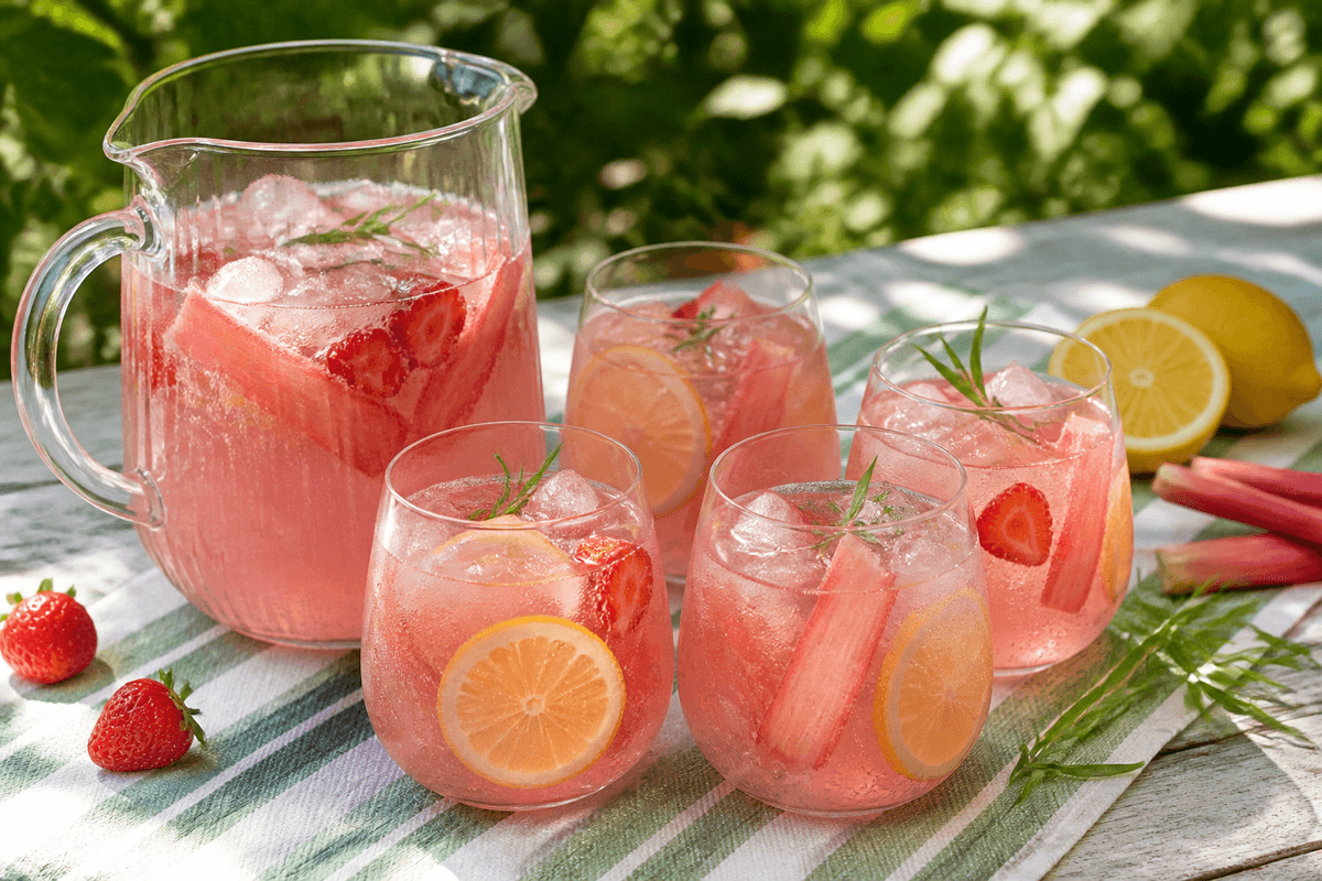 Rabarberlemonade med jordbær og estragon anrettet i Madblikkets lyse nordiske billedstil med rettens vigtigste råvarer tydeligt synlige