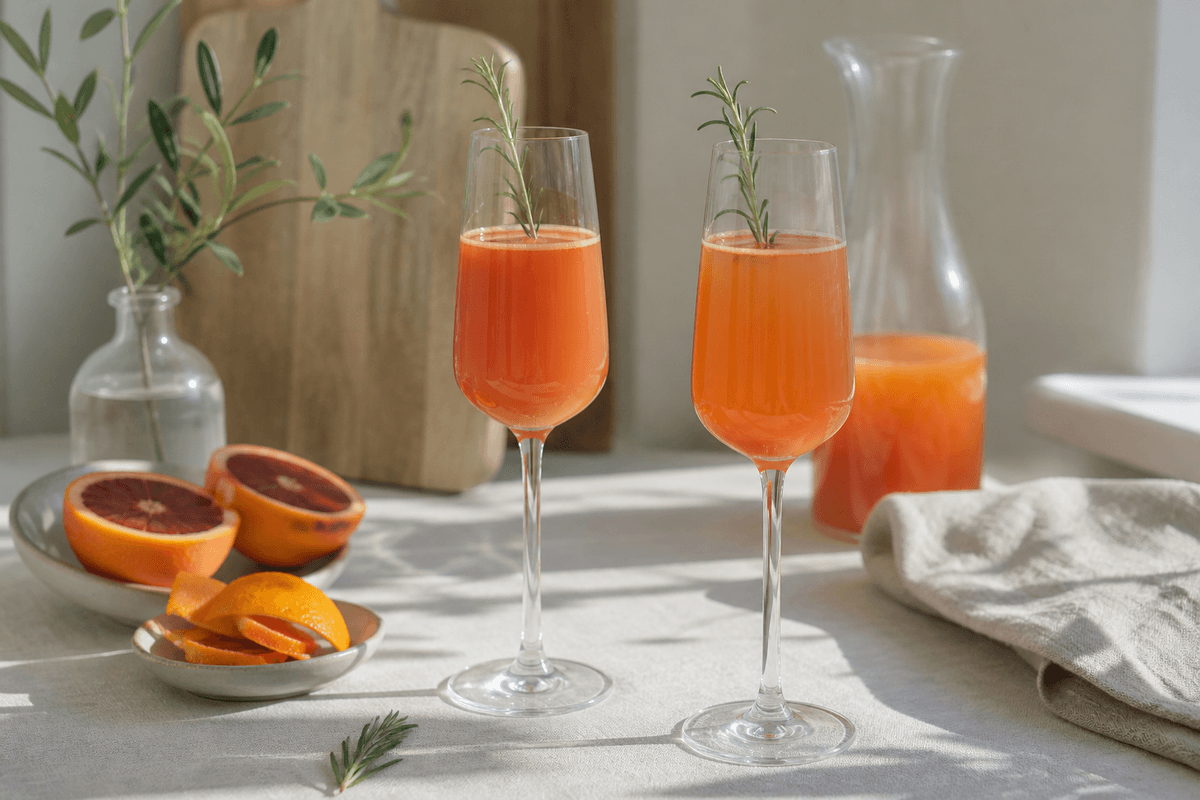 Alkoholfri mimosa med blodappelsin og rosmarin anrettet i Madblikkets lyse nordiske billedstil med rettens vigtigste råvarer tydeligt synlige