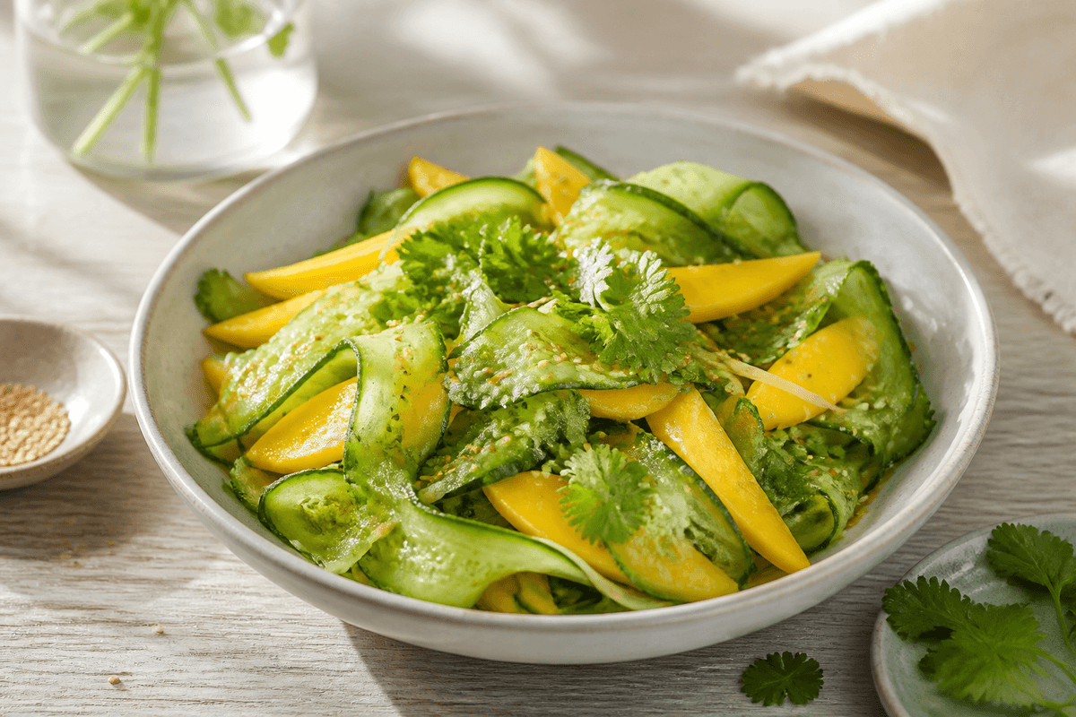 Mangosalat med ingefær, agurk og sesam anrettet i Madblikkets lyse nordiske billedstil med rettens vigtigste råvarer tydeligt synlige