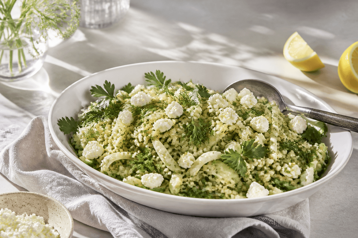 Grøn bulgursalat med feta, fennikel og citronurter anrettet i Madblikkets lyse nordiske billedstil med rettens vigtigste råvarer tydeligt synlige