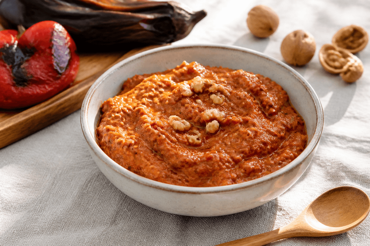Ajvar med ristet peberfrugt, aubergine og valnød anrettet i Madblikkets lyse nordiske billedstil med rettens vigtigste råvarer tydeligt synlige