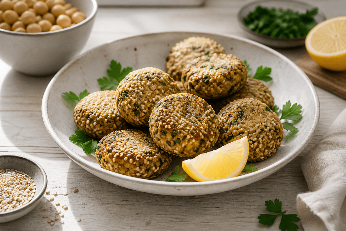 Kikærtefalafler med persille, citron og sesam anrettet i Madblikkets lyse nordiske billedstil med rettens vigtigste råvarer tydeligt synlige