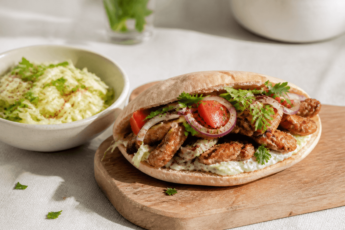 Krydret kyllingeshawarma med sumak og sprød kålsalat anrettet i Madblikkets lyse nordiske billedstil med rettens vigtigste råvarer tydeligt synlige