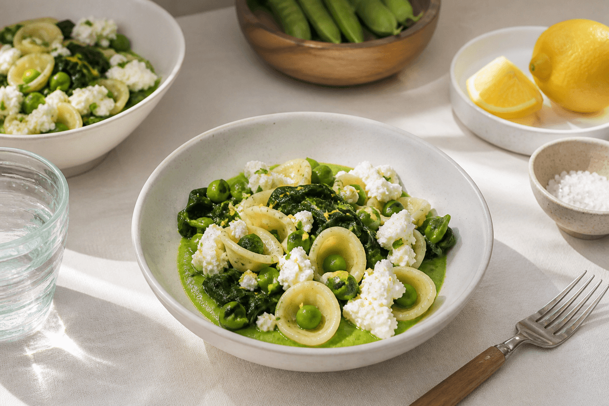 Orecchiette med ærter, spinat og citronricotta anrettet i Madblikkets lyse nordiske billedstil med rettens vigtigste råvarer tydeligt synlige