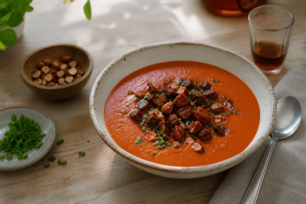 Ristet peberfrugtsuppe med mandel, chorizo og sherry anrettet i Madblikkets lyse nordiske billedstil med rettens vigtigste råvarer tydeligt synlige
