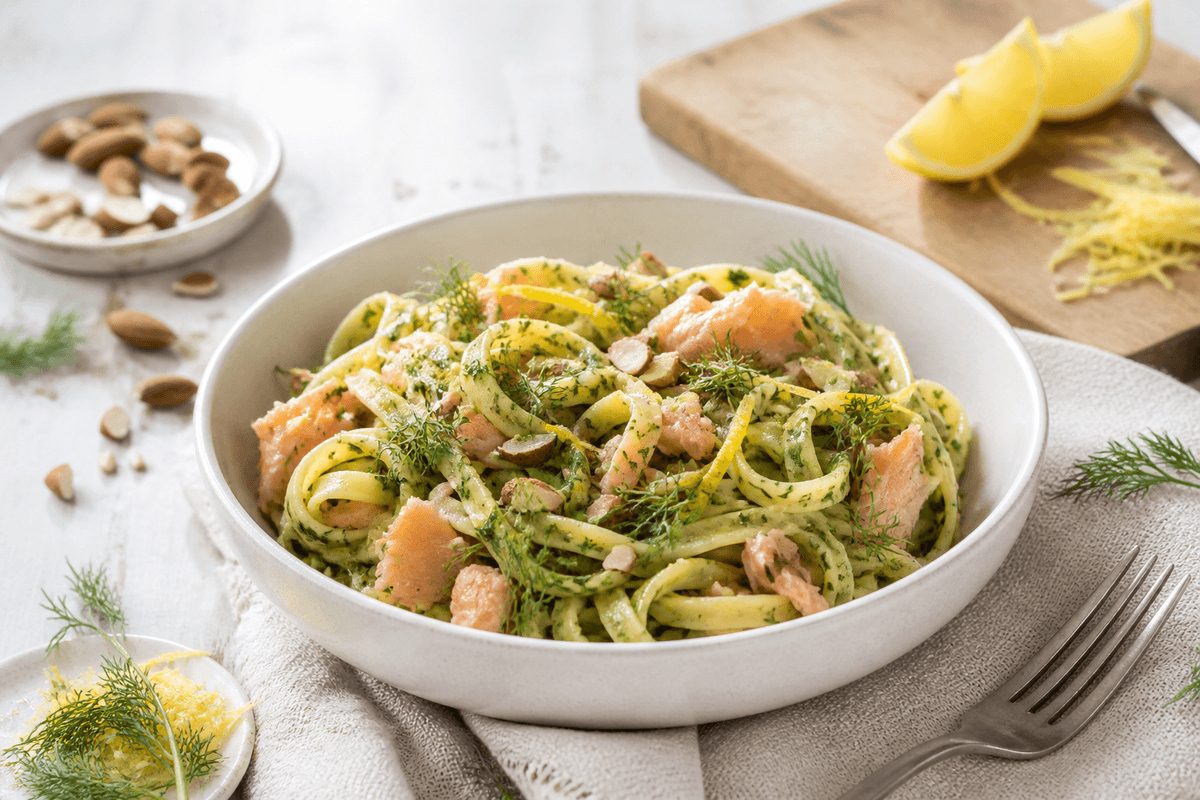 Tagliatelle med varmrøget laks, dildpesto og citron anrettet i Madblikkets lyse nordiske billedstil med rettens vigtigste råvarer tydeligt synlige
