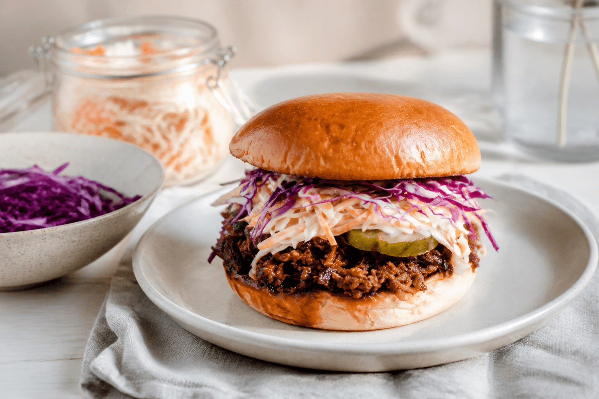Pulled pork-sandwich med æbleslaw og sennepssky anrettet i Madblikkets lyse nordiske billedstil med rettens vigtigste råvarer tydeligt synlige