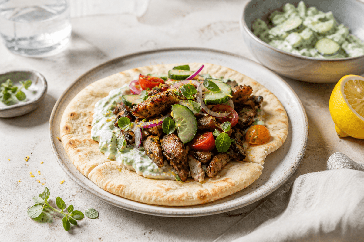 Kyllingegyros med citron, oregano og agurkesalat anrettet i Madblikkets lyse nordiske billedstil med rettens vigtigste råvarer tydeligt synlige