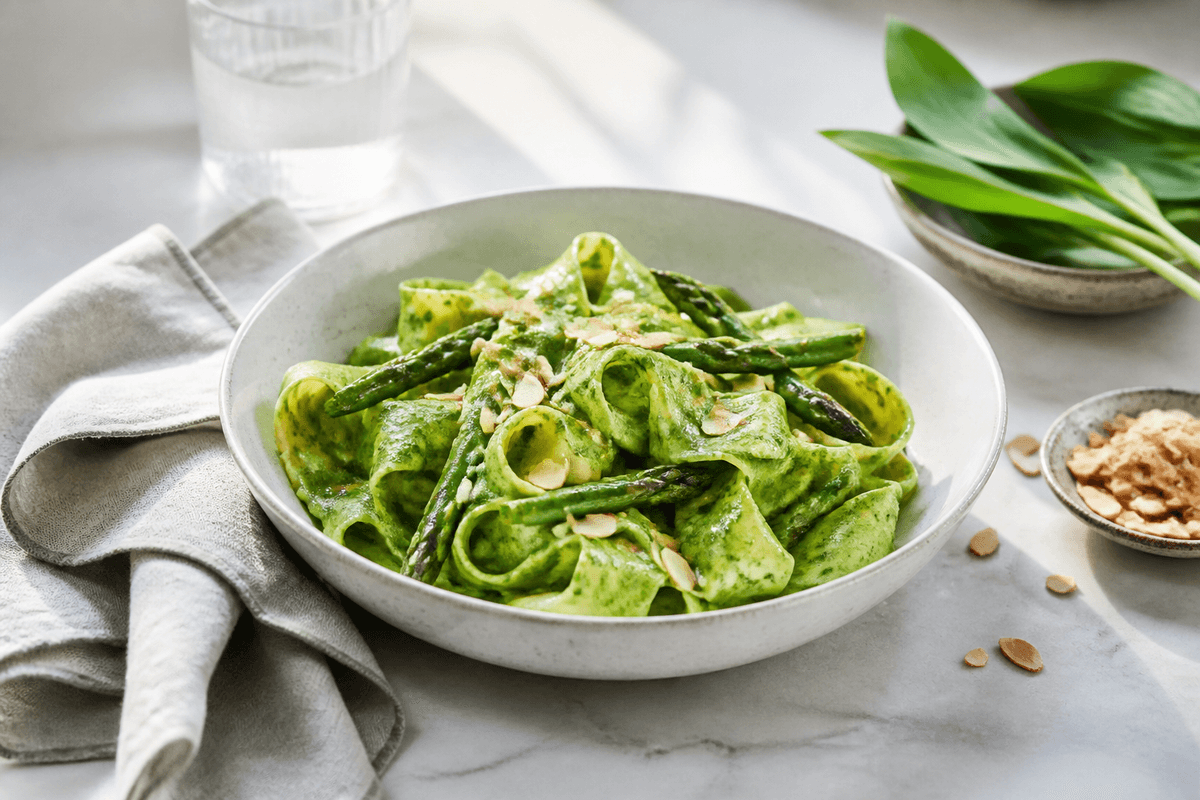Pappardelle med ramsløgscreme, asparges og mandler anrettet i Madblikkets lyse nordiske billedstil med rettens vigtigste råvarer tydeligt synlige