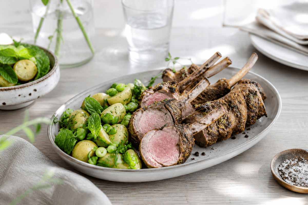 Urtestegt lammekrone med grøn kartoffelsalat og mynte anrettet i Madblikkets lyse nordiske billedstil med rettens vigtigste råvarer tydeligt synlige