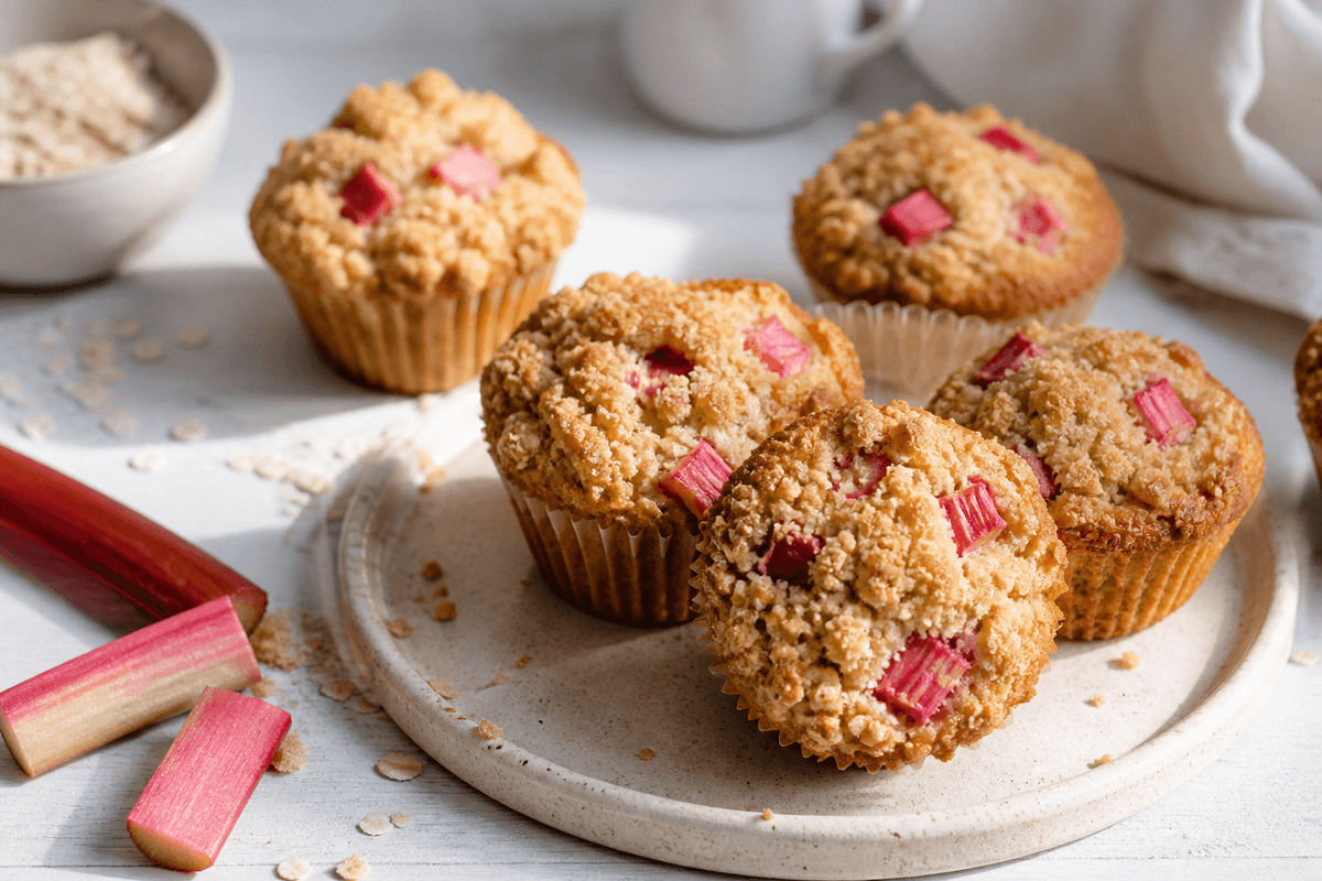 Rabarbermuffins med marcipan, hvid chokolade og havrecrumble anrettet i Madblikkets lyse nordiske billedstil med rettens vigtigste råvarer tydeligt synlige