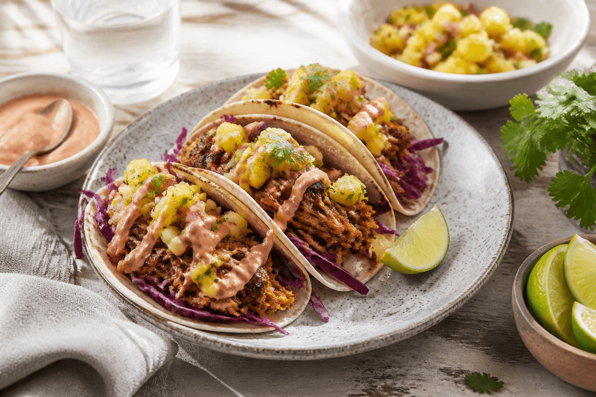 Pulled pork-tacos med ananassalsa og chipotlecreme anrettet i Madblikkets lyse nordiske billedstil med rettens vigtigste råvarer tydeligt synlige