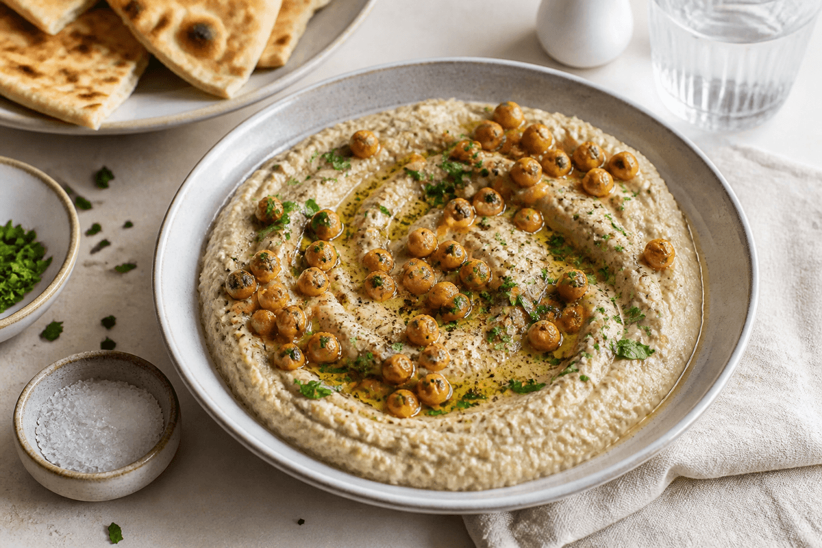 Baba ganoush med citron, tahin og sprøde kikærter anrettet i Madblikkets lyse nordiske billedstil med rettens vigtigste råvarer tydeligt synlige