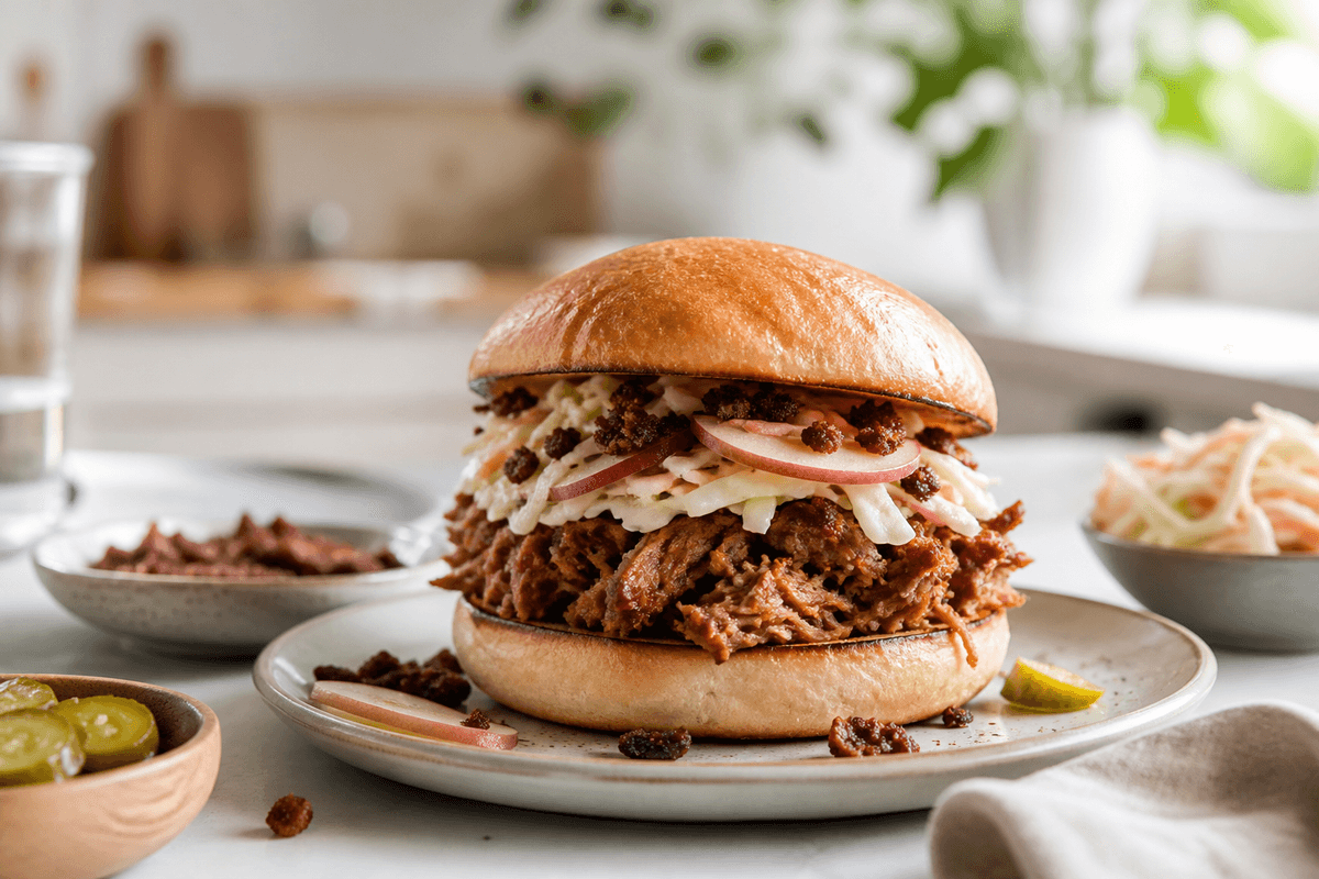 Pulled pork-burger med kålslaw, æble og rugbrødsknas anrettet i Madblikkets lyse nordiske billedstil med rettens vigtigste råvarer tydeligt synlige